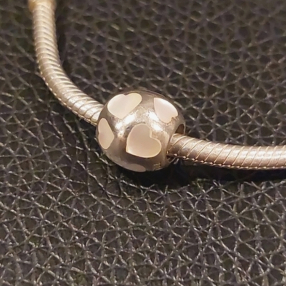 PANDORA Love Me Mother of Pearl Hearts Sterling Silver Charm